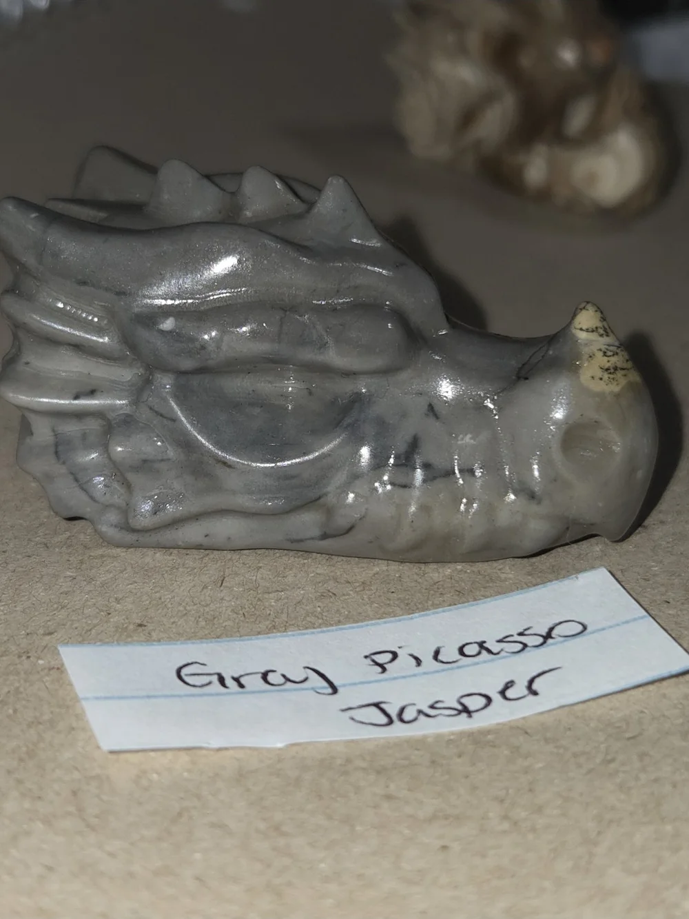 Detailed Picasso Jasper Crystal Carved Dragon Head Stone Sculpture Decor